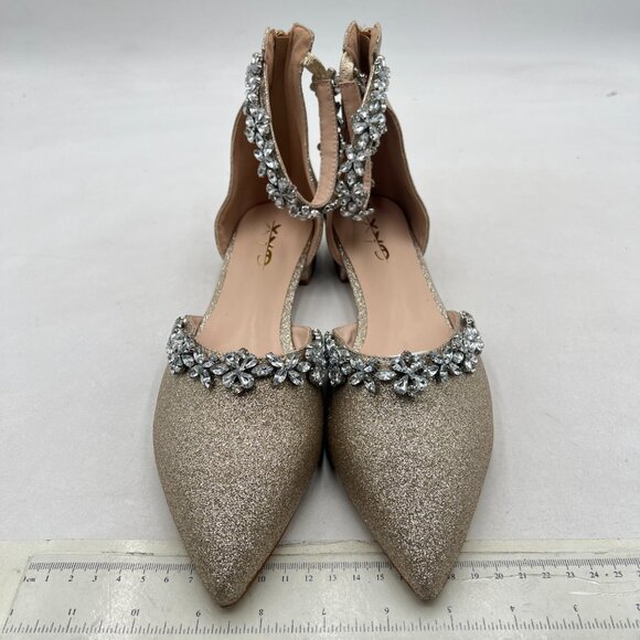 XYD Light Gold-glitter Pointed Toe Rhinestones Ankle Strap D'Orsay Sandals - Picture 3 of 8